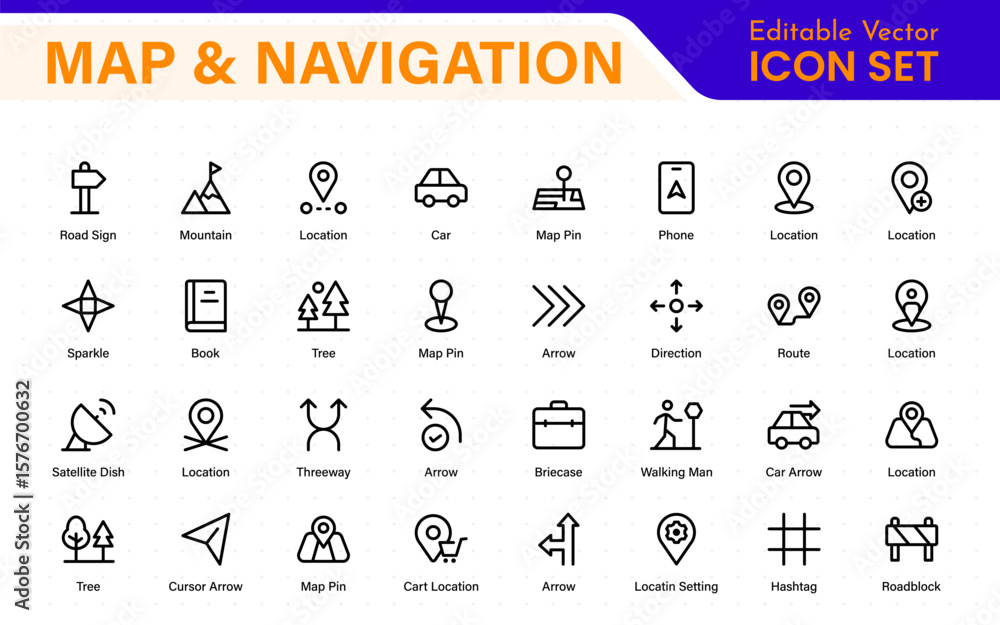 Poster map navigation line icons vector. symbol of map location, route, marker, road trip, and icons.locati