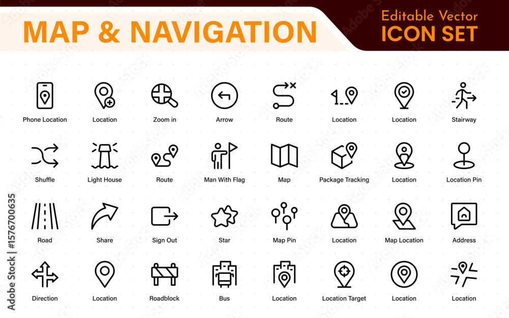 Poster map navigation line icons vector. symbol of map location, route, marker, road trip, and icons.locati