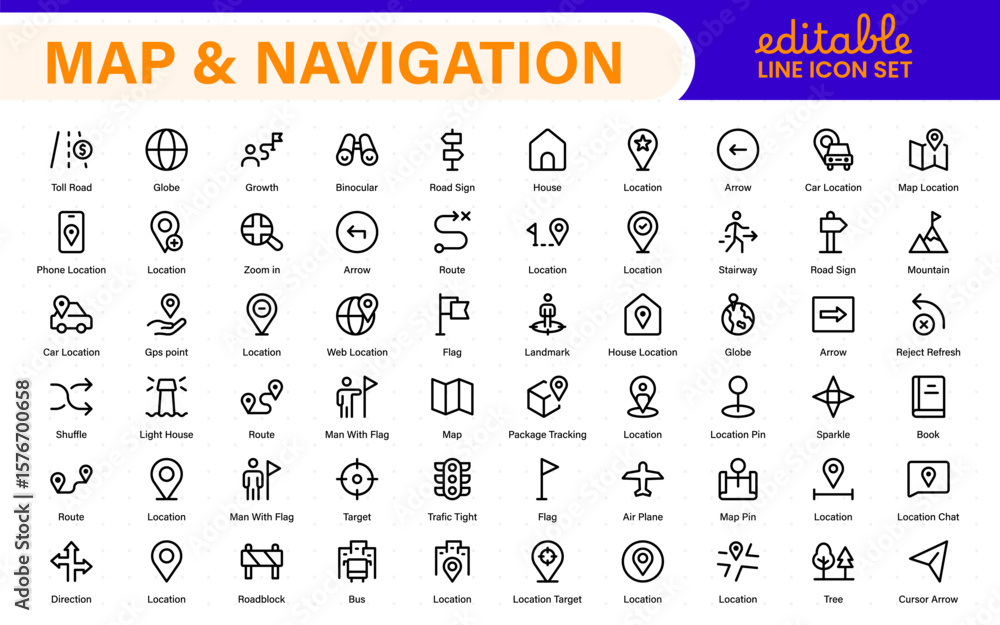 Poster map navigation line icons vector. symbol of map location, route, marker, road trip, and icons.locati