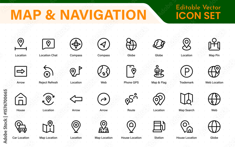Poster map navigation line icons vector. symbol of map location, route, marker, road trip, and icons.locati