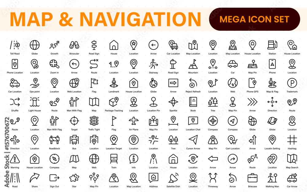 Poster map navigation line icons vector. symbol of map location, route, marker, road trip, and icons.locati