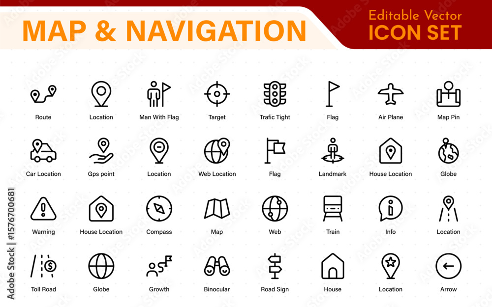 Poster map navigation line icons vector. symbol of map location, route, marker, road trip, and icons.locati