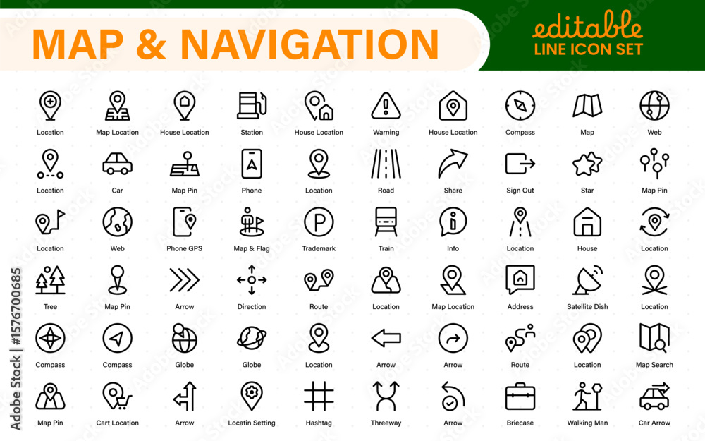 Poster map navigation line icons vector. symbol of map location, route, marker, road trip, and icons.locati