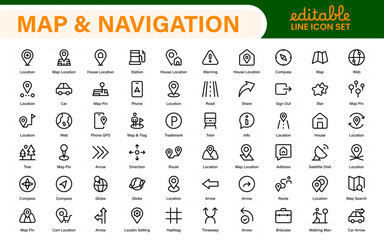 Map Navigation Line Icons vector. symbol of map location, Route, Marker, road trip, and icons.Location pin icons set—modern marker collection. Pinpoint. Map place marker. pointer GPS location symbol.