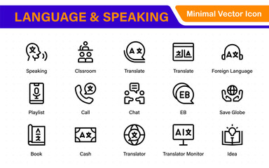 Language and speaking web icon set in line style. Language translation, linguistics, speaking, dictionary, listening skills, writing, translate, collection.