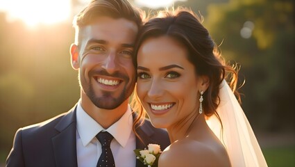 Bride and groom smiling brightly while posing for a wedding photo in the sunlight, expressing love, happiness, and joy on their special day outdoors
