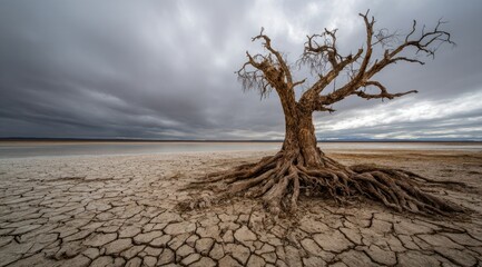 A desolate landscape featuring a gnarled, dead tree with exposed roots, standing amidst cracked, dry earth near a still body of water under a brooding, overcast sky