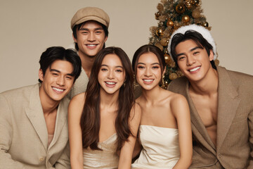 Fototapeta premium celebrate joyous new year surrounded by close friends and family on solid neutral background
