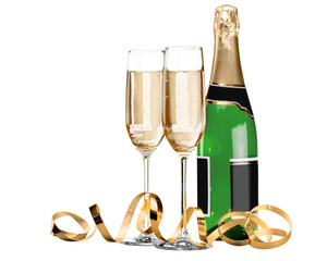 Elegant Champagne Flutes with Bubbly Champagne and Green Bottle Wrapped in Gold Ribbon – Festive...