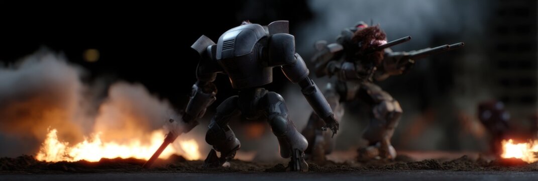 Intense mech battle in urban destruction with dramatic lighting