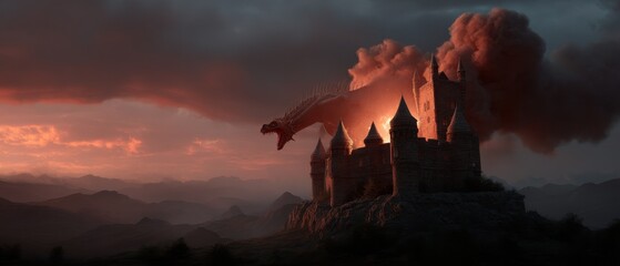 Epic medieval castle under dragon attack against fiery sky