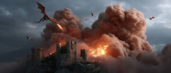 Epic medieval castle under dragon attack with fiery sky