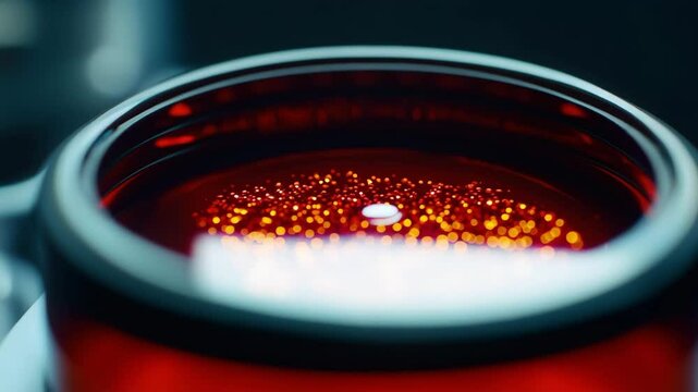 Scientist showcases precision and focus in laboratory while injecting compounds into red liquid using pipette for groundbreaking research