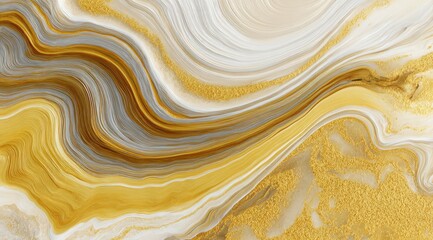 Abstract fluid art with swirling gold, white, and grey patterns creating a luxurious and elegant design
