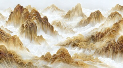 A serene landscape painting depicts rolling, golden-brown mountains partially obscured by a soft, white mist, creating a dreamlike atmosphere.  The style is reminiscent of traditional East Asian art
