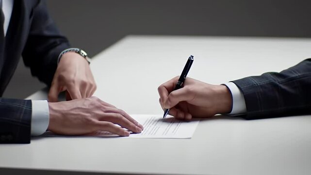 Man in Dark Suit Jacket Signing Paperwork with Black Pen on White Table in Neutral Studio Setting