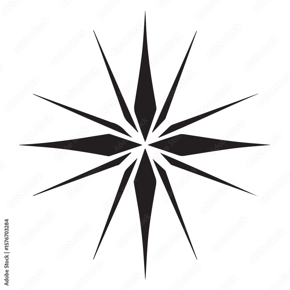 Poster abstract black geometric starburst shape with sharp points radiating outwards from a central dark di