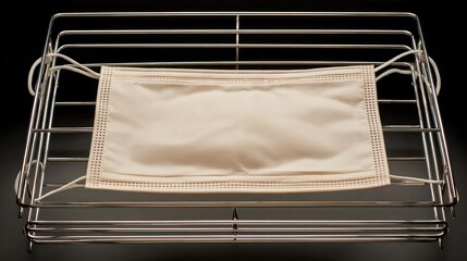 A freshly washed cloth face mask laid flat on a drying rack