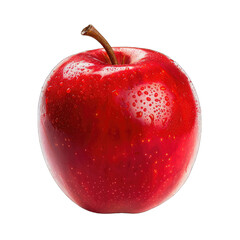 A single, glossy red apple, displaying water droplets and a stem