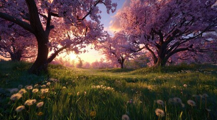 A serene sunset illuminates a field of wildflowers and blossoming pink trees, creating a picturesque and idyllic landscape