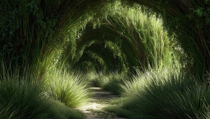 Sunlit path winds through a lush, arched tunnel of verdant foliage, creating a mystical, natural corridor