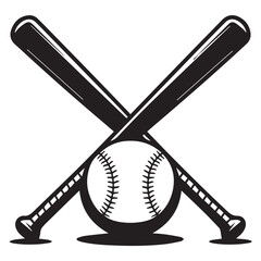 Classic black and white graphic illustration of a baseball crossed with two baseball bats on a white background