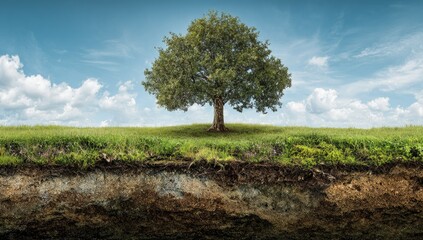 A solitary tree stands on a grassy knoll against a partly cloudy sky.  A cutaway view reveals the layered soil beneath