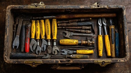 Vintage toolbox filled with assorted tools