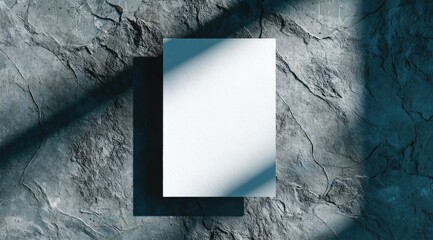 A blank white card rests on a textured, dark gray stone surface, illuminated by diagonal sunlight casting shadows