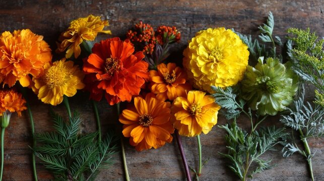 Orange and Yellow Marigolds and Zinnias Floral Arrangement on Wooden Background