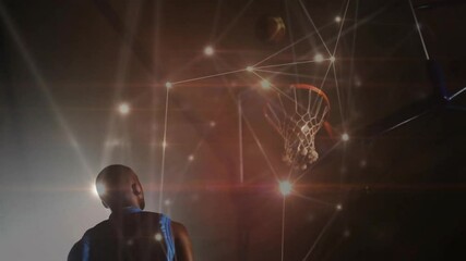 Athlete lifting ball overhead at foul line, pushing ball upward to score using sports tech overlay - Powered by Adobe