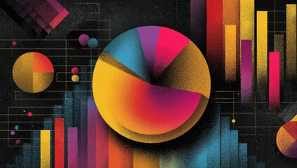 An abstract illustration featuring a central pie chart surrounded by various bar graphs and smaller pie charts, all rendered in a vibrant color palette against a dark background with a textured effect