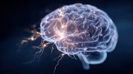 Transparent brain with glowing connections against a dark blue background