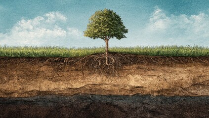 A solitary tree stands in a grassy field, its extensive root system revealed in a cutaway view showcasing diverse soil layers beneath