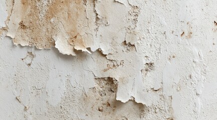 Close-up of a weathered wall with peeling paint, revealing patches of underlying material and discoloration.  The texture is rough and uneven