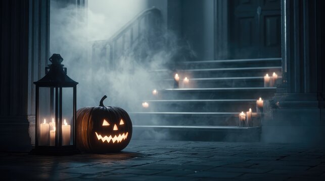 Jack-o'-lantern with fog and candles on haunted steps