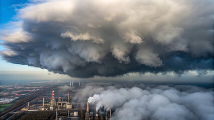 CO2 Levels concept ,Heavy cloud and smoke over industrial landscape creating dramatic sky and pollution
