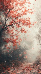 Autumn Forest Path with Vibrant Red Falling Leaves and Misty Atmosphere