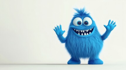Fototapeta premium A friendly blue furry cartoon monster with big eyes is smiling
