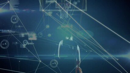 Glowing network lines converging around athlete shifting ball and shooting for swish on tech court - Powered by Adobe