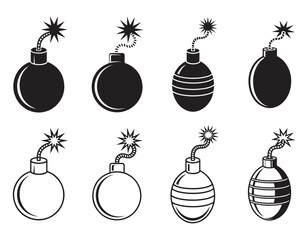 Set of danger bomb icons with burning fuse flat style vector on white background