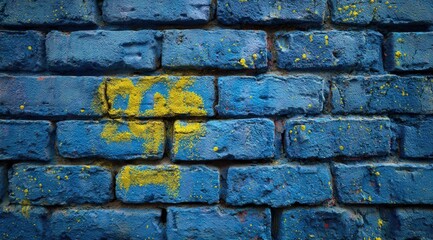 A close-up reveals a brick wall painted predominantly blue, with splotches of yellow paint and faint yellow markings resembling graffiti. The texture is rough, with visible mortar between the bricks