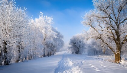 Obraz premium snowy path through frost covered trees in a peaceful winter landscape