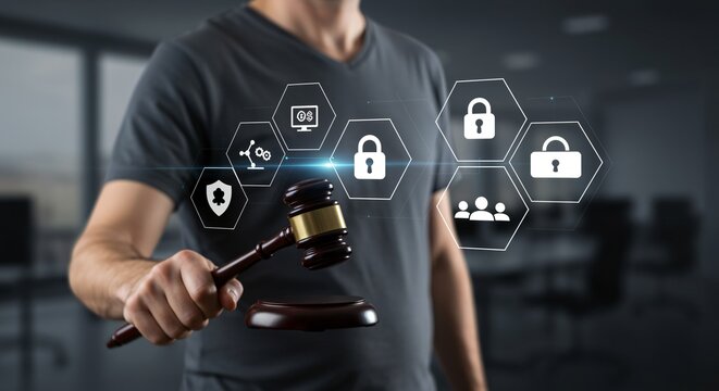 Cyber Law Enforcement Gavel and Digital Security Icons Representing Legal Tech and Online Justice