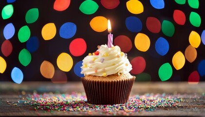 delicious cupcake with creamy frosting colorful sprinkles and lit candle surrounded by festive bokeh lights