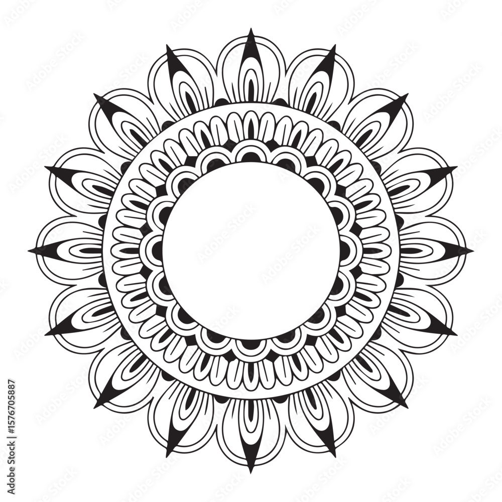 Poster Intricate black and white circular mandala design with repeating petal like patterns and a central empty space for text