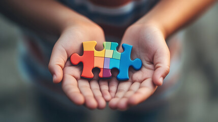 A close-up of a child’s hands holding a rainbow-colored puzzle piece, symbolizing autism awareness and support, with the background softly blurred to create a focused, emotional moment