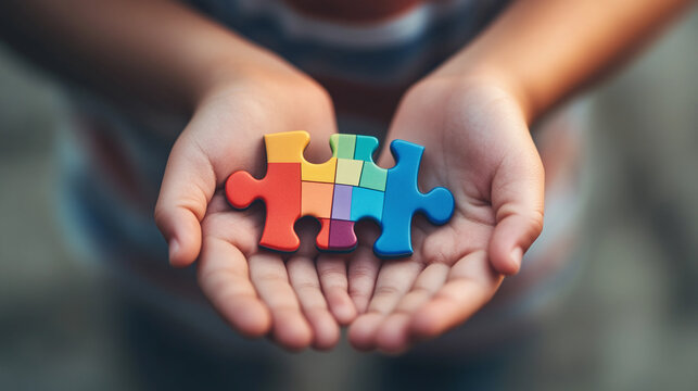A close-up of a child’s hands holding a rainbow-colored puzzle piece, symbolizing autism awareness and support, with the background softly blurred to create a focused, emotional moment - Powered by Adobe