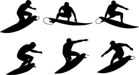 Obraz premium A bold, black silhouette of a surfer curled up on a surfboard. 
