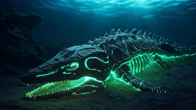Glowing leviathan skeleton rests on ocean floor